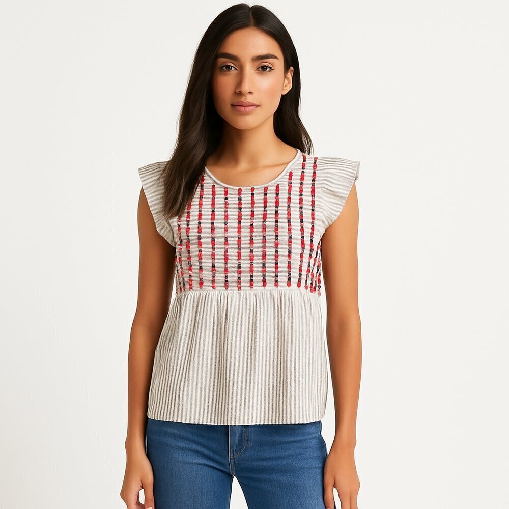 Savanna Jane Linen Embroidered Stripe Flutter Sleeve Top Small